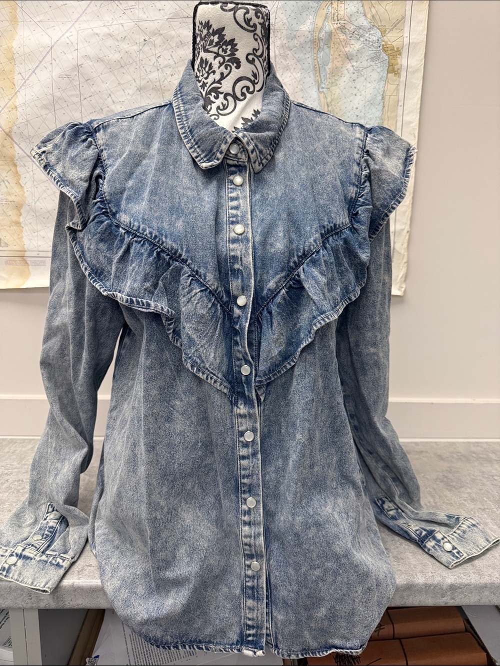 Bluivy Ruffle Denim Western Blouse Prairie Cottagecore Pearl Snap Top Large